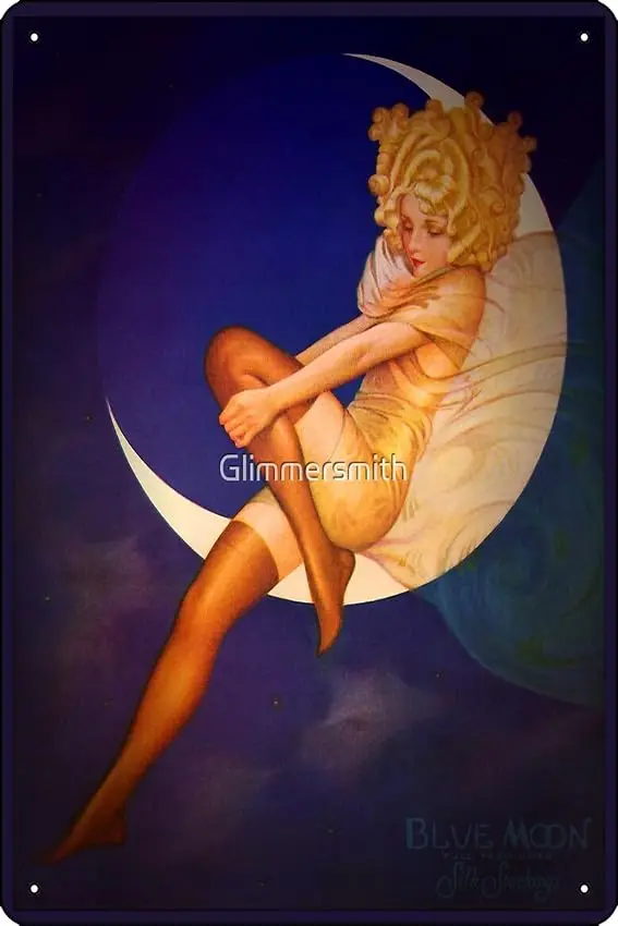 Vintage Woman Posing on a Crescent Moon Silk Stockings fashion advert Art Print Metal Tin Sign Fun Home Art Wall Decor 8x12 Inch