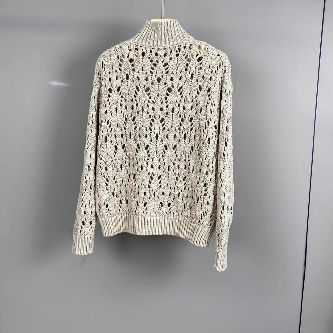 Women Hollow Out Cotton Cardigan Beaded Zipper Stand Collar Long Sleeve Solid Color Loose Autumn Winter Knitted Sweater