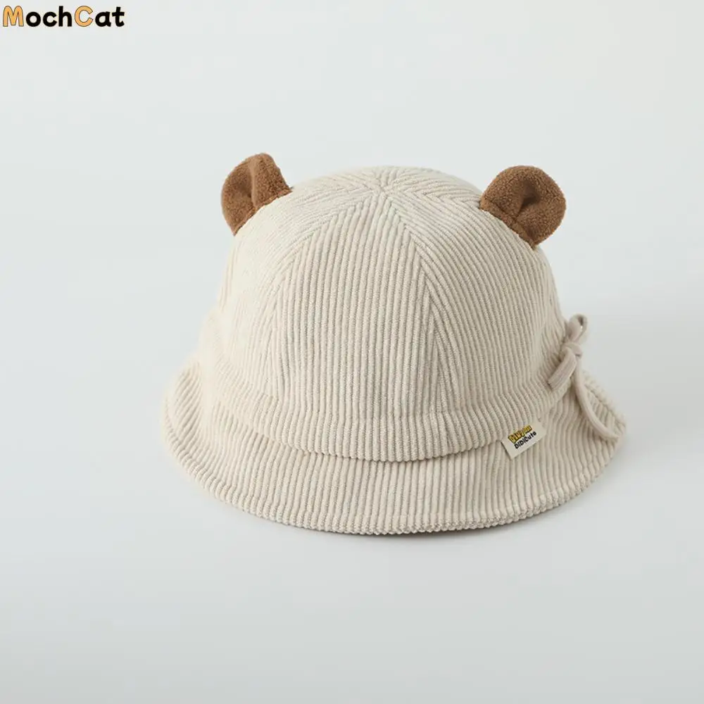 Bear Ear Children Baseball Cap Korean Style Drawstring Kids Fisherman's Hat Embroidered Letter Corduroy Peaked Cap Sunhat Girls