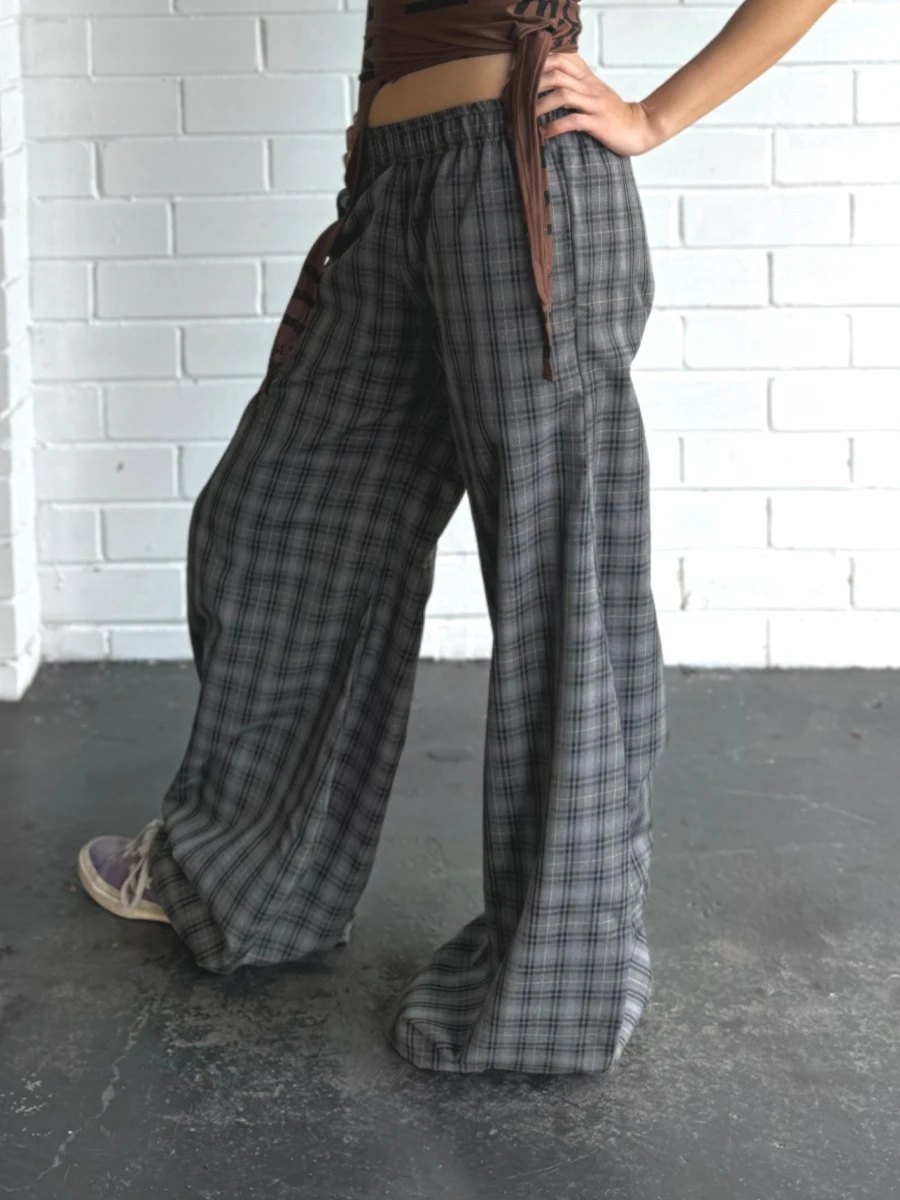 

Women Plaid Pants, Elastic Waist Casual Pants Loose Trousers Streetwear for Daily