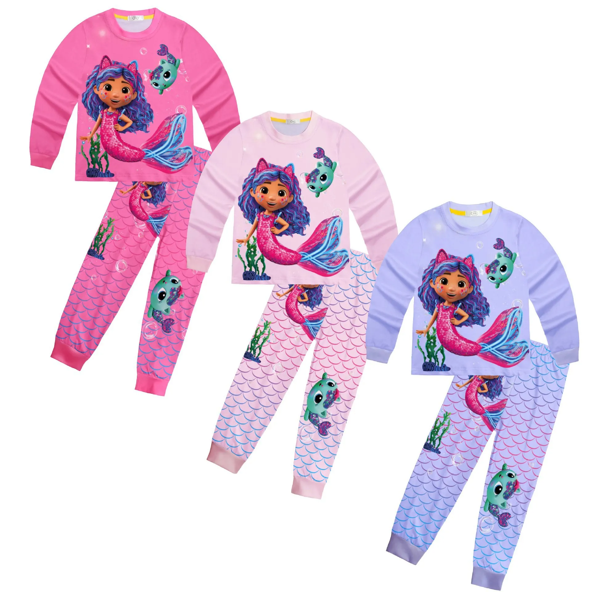 2025Casa de muñecas Gabby, ropa para niñas, pijamas con estampado de dibujos animados, bonita camiseta de sirena Gabby, conjunto de pantalones, ropa de casa para niños, traje de Anime para niños