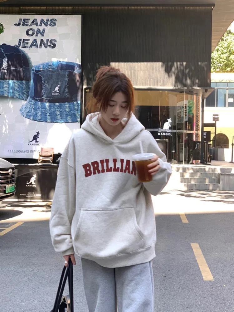 Oversize White Gray Hoodie Women Autumn Winter 2025 New American style Long sleeves Pullover Sweatshirt Y2K Tops Ladies clothing