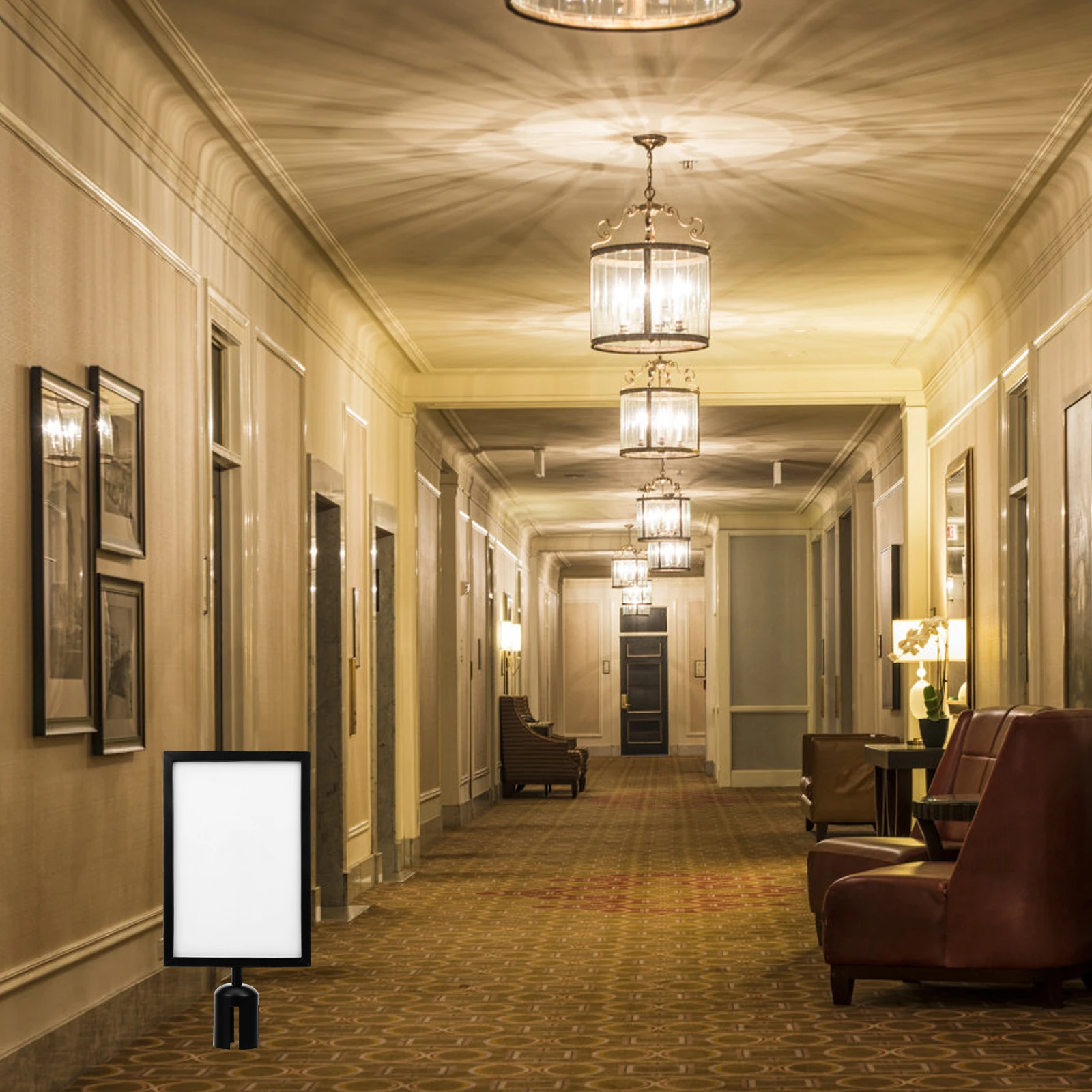 Isolation Column Card Insert Easel Stand A4 Black Vertical Size Stainless Steel Crowd Control Queue Barrier Stanchion Sign