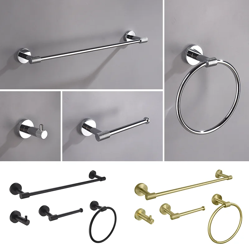 

Chrome Brushed Gold Matte Black High Quality 304SS Knurled Wall Mounted Towel Rack Hook Paper Holder Bathroom Hardware Set