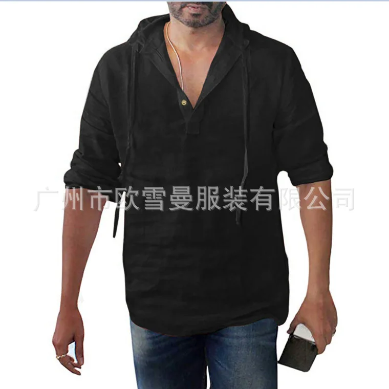 

Men's Cotton and Linen Solid Color Hooded Long Sleeved Shirt