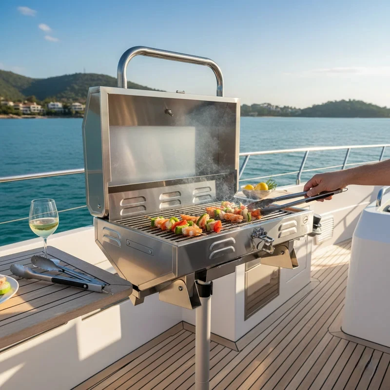 Marine Boat BBQ Stainls Steel Propane Grill Tletop Foldle with Charcoal Option and Inclined Bracket Mount
