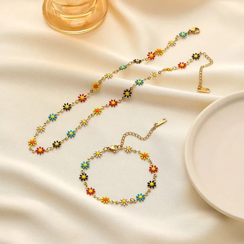 Mode Böhmen Bunte Emaille Daisy Armbänder Halskette für Frauen Mädchen Süße Halsband Geschenk Einstellbar Party Schmuck Geschenk