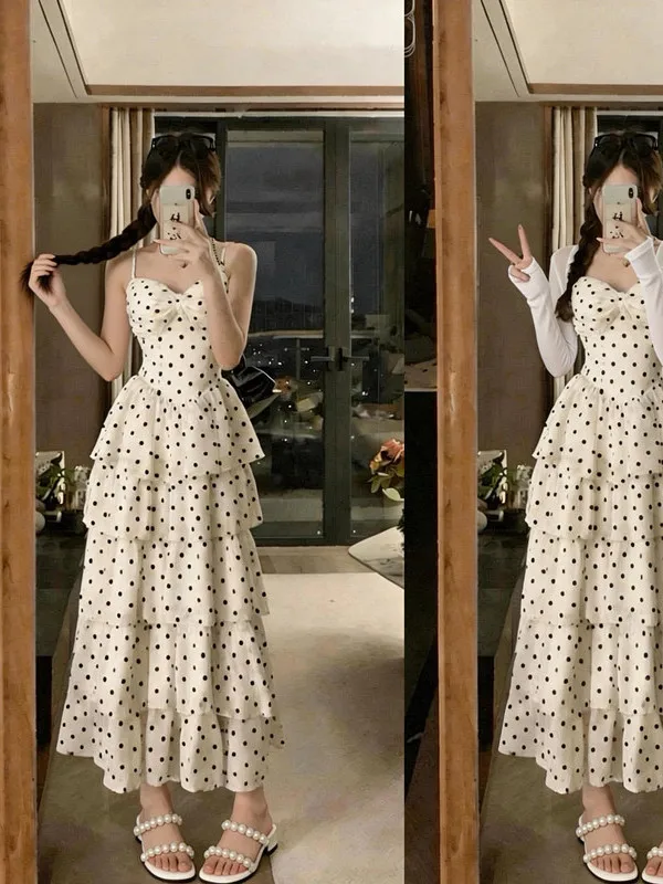 

Elegant plus Size Women's Spring Outfit with Polka Dot Cake Dress And Shawl Waist-Cinching Slimming Two-Piece Set