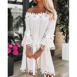 Spring Autumn New Women Sexy Strapless One Shoulder Solid Color Dinner Dresses Fashion Lace Lace Casual Loose Party White Dress