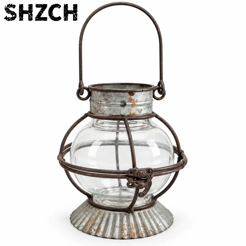 Vintage Rustic Candle Lantern, Hanging or Tabletop Hurricane Lamp with Windproof Glass, Farmhouse Metal Candle Holder Decor