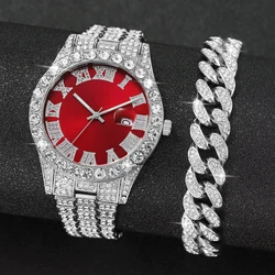 2PCs/Set Men's Watch Fashion Hip Hop Luxury Diamond Set Steel Strip Quartz Watch with Silver Bracelet Set