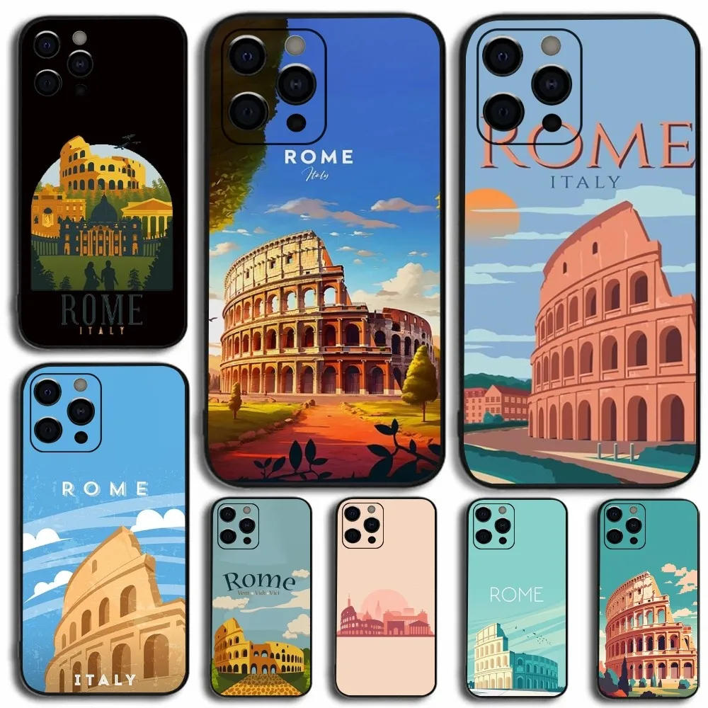 Funda de teléfono de viaje Italia Roma City para Apple iPhone 15,14,13,12,11,Pro,X,XS,Max,XR,Plus,Mini cubierta negra suave