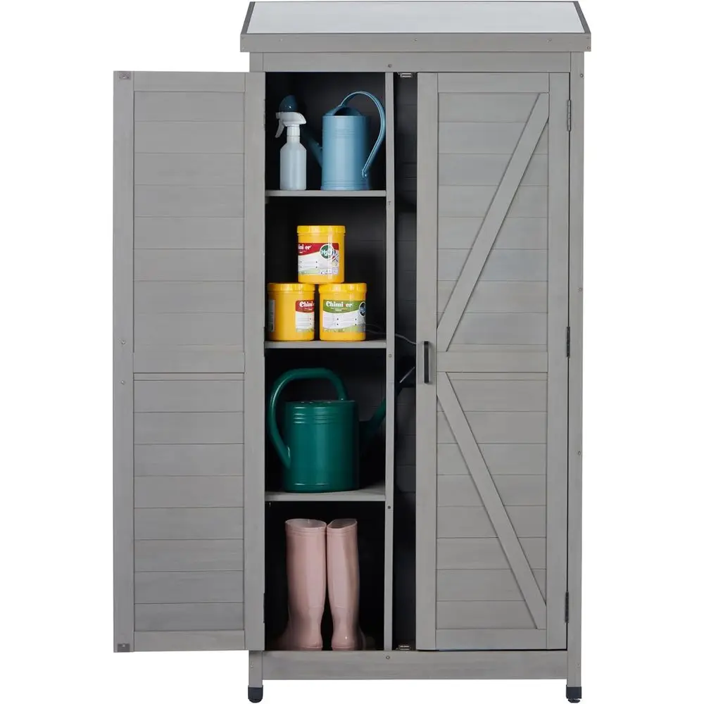 

Outdoor Wooden Storage Shed with Metal Roof - Tall Vertical Cabinet for Garden, Patio, and Lawn (Grey)