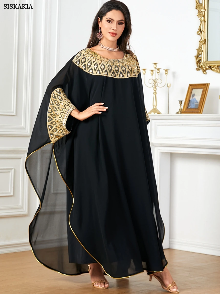 Siskakia Fashion Patchwork Gold Stamping Batwing Sleeve Crew Neck Loose Casual Dress Long Sleeves Moroccan Robe Jalabiya