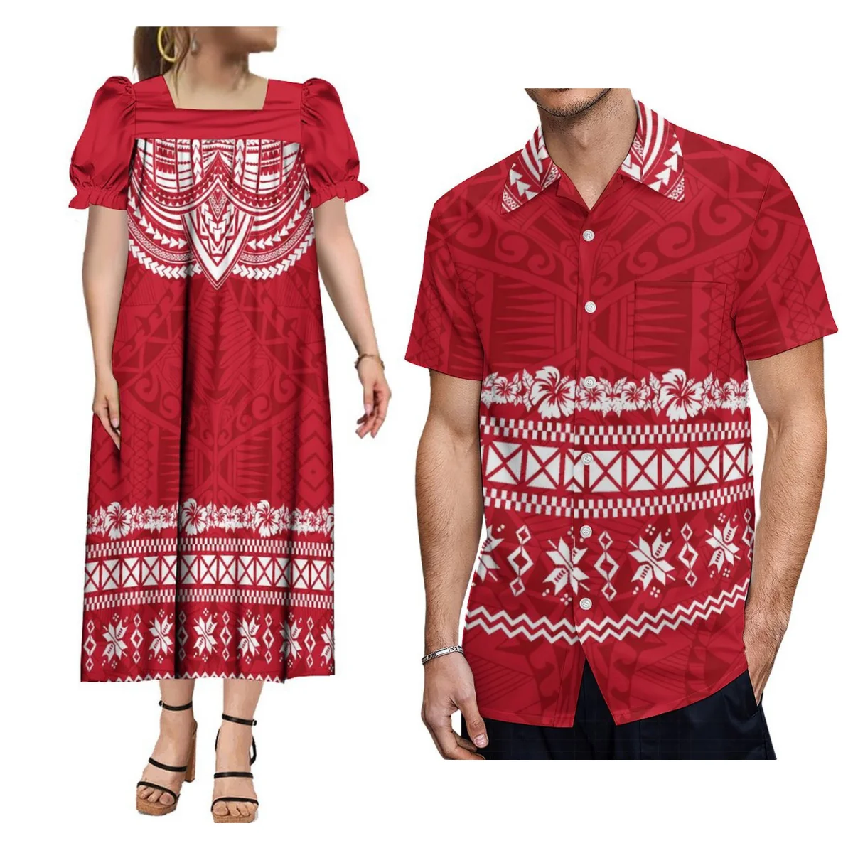 

Polynesian Tribal Islands Custom Couple Set Hawaiian Men'S Short-Sleeved Shirt And Women'S Mum Fluffy Dress Party Dress