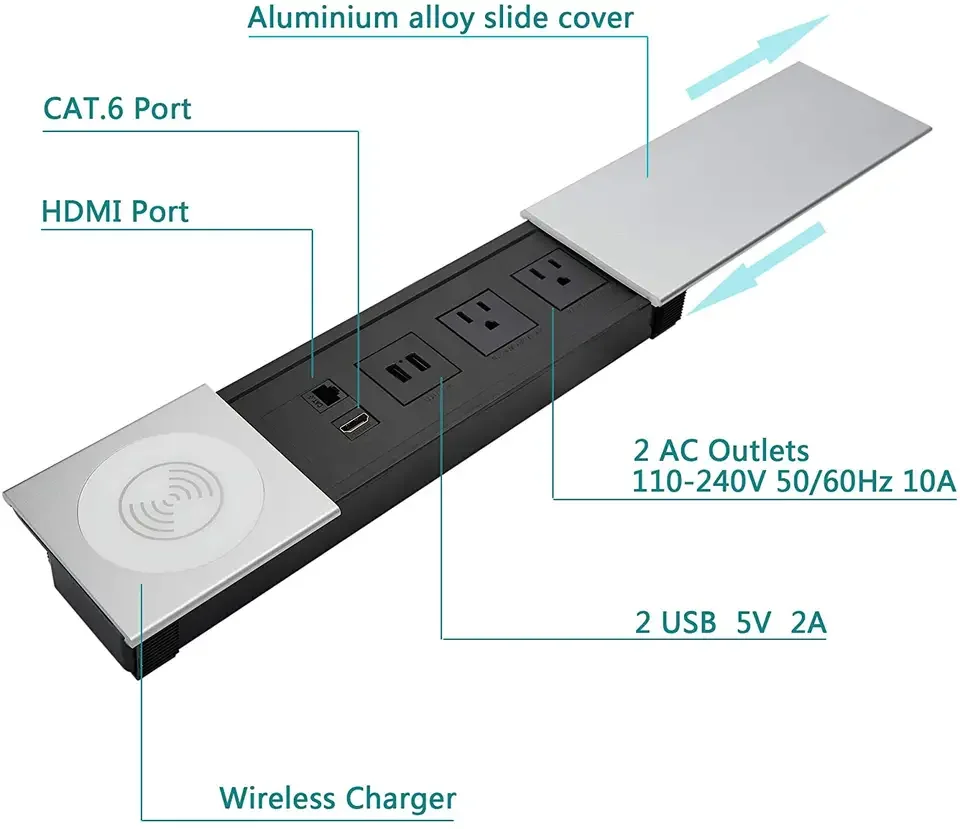 Top Quality 220-240V OEM Conference Wireless Charging Silver Worktop Sliding Socket
