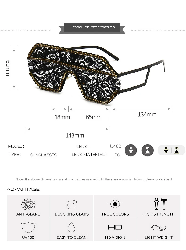 Ein Stück Floral Spitze Sonnenbrille Frauen Punk Großen Rahmen Diamant Sonnenbrille Weibliche Flache Top Strass Outdoor Fashion Brillen – Detail 3