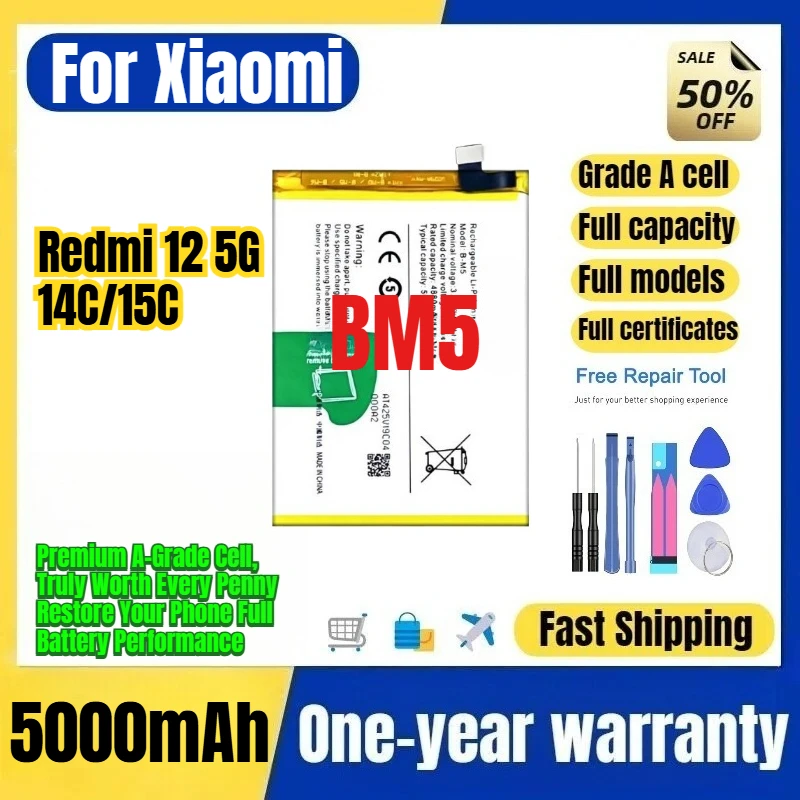 BM5 for Xiaomi Redmi 12 5G/14C/15C Phone Battery 0Cycle High Quality Capacity Battery Replacement Bateria Grade A Cell with Tool