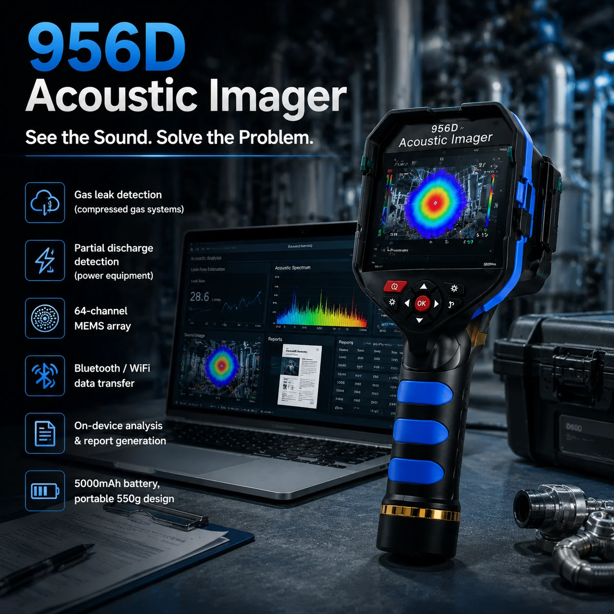 Gas Leak Detector Acoustic Camera Industrial Sound Imager,64 MEMS 2-100kHz Partial Discharge Tester Handheld Ultrasonic Diagnost