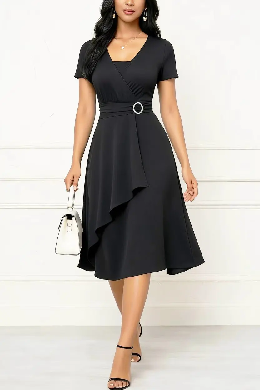 Robe mi-longue d'été pour femme à manches courtes, col carré, style cocktail, couleur unie, coupe évasée