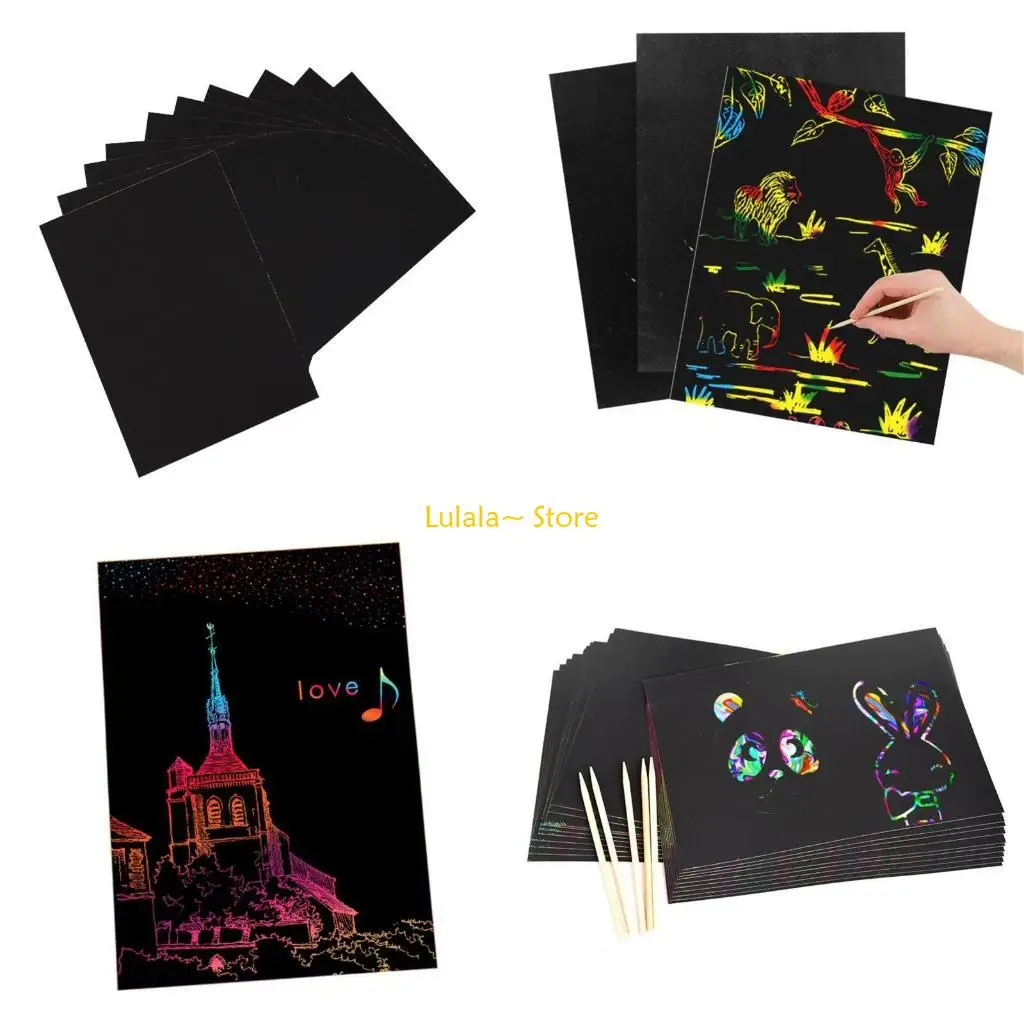 Y4QA บัตรขูดสำหรับเด็กพร้อมการออกแบบน่ารักเพื่อการศึกษาเบื้องต้นพร้อมปากกาไม้ 5 อัน