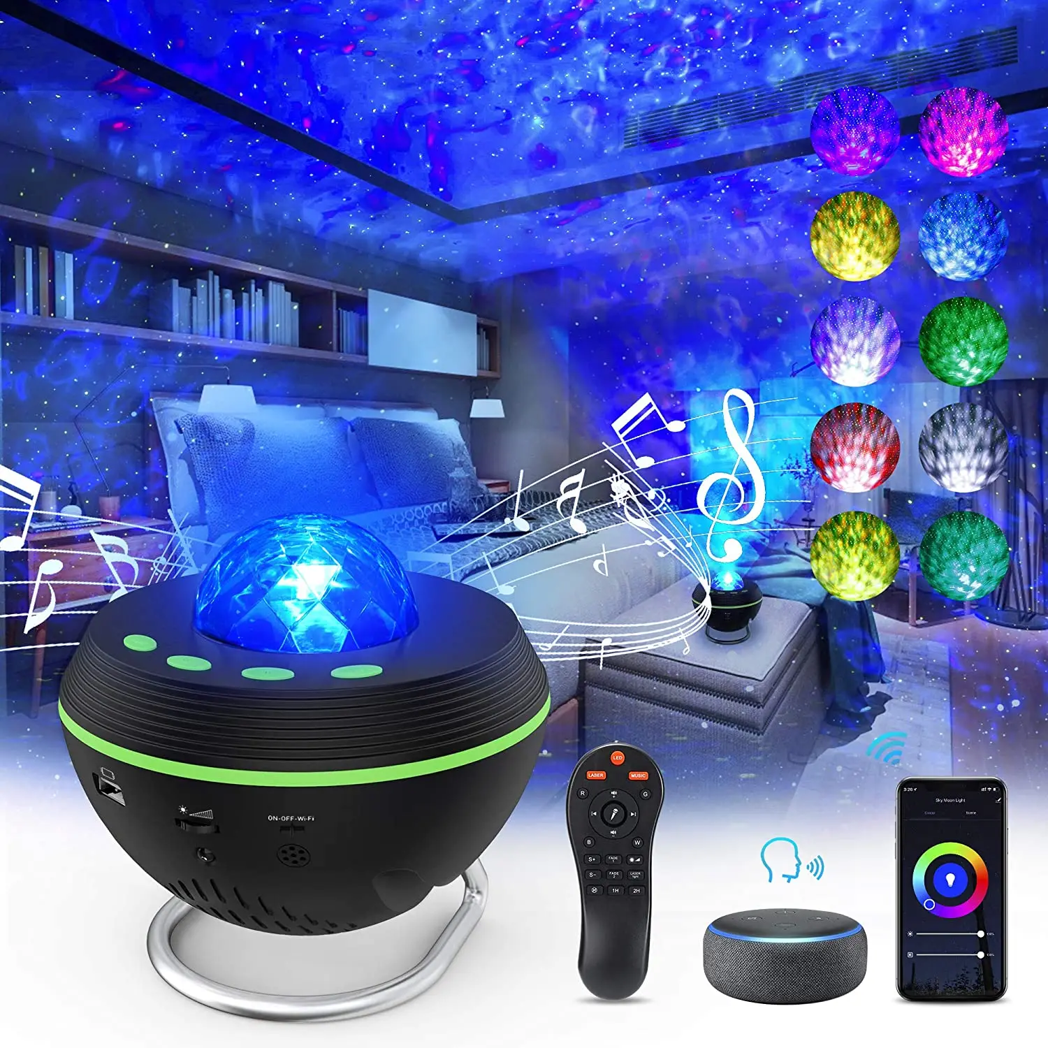 Wifi switch star water wave proiettore di Halloween light, proiettore spaziale musicale natalizio