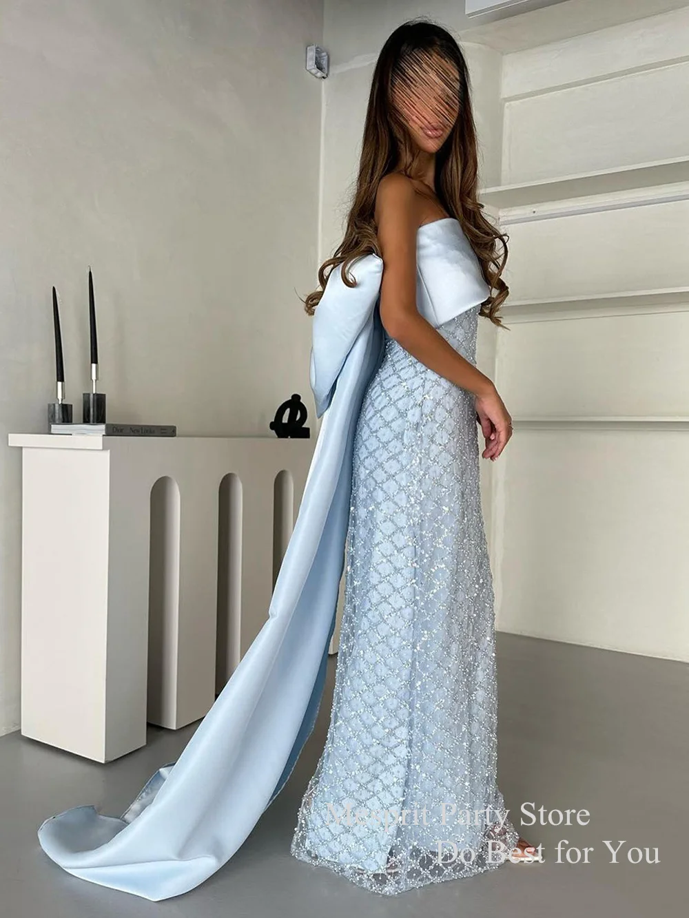 Light Blue Prom Dress Strapless Sleeveless Sparkling Grid Tulle Staight Evening Dress Custom Size Saudi Arab Party Gown