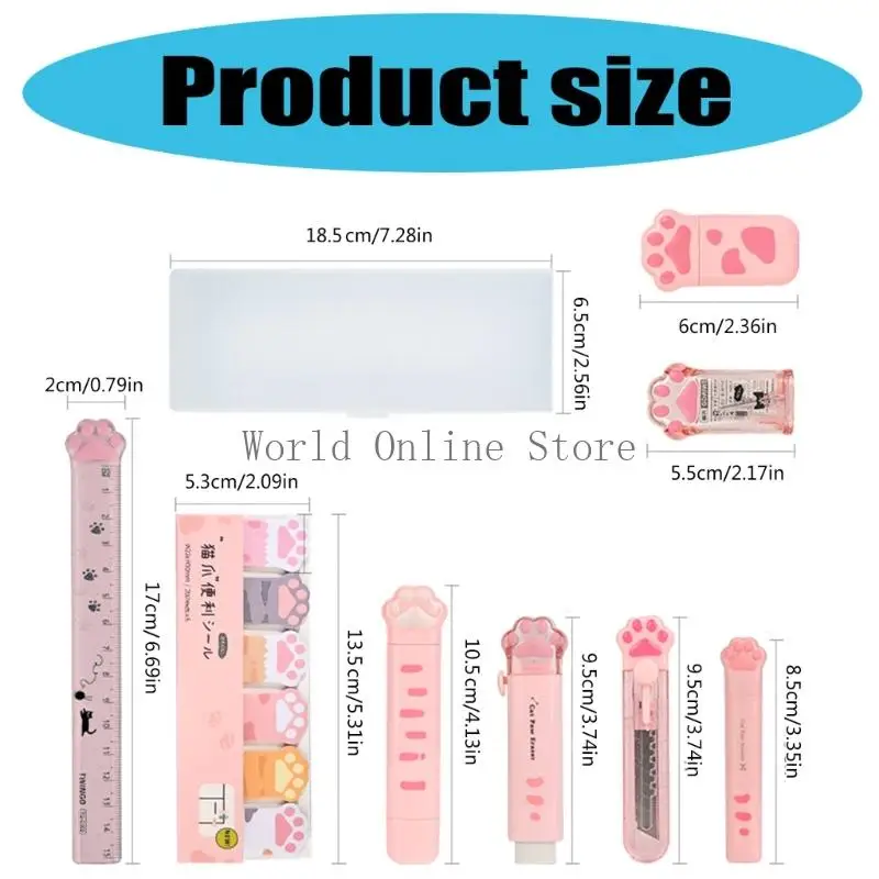 9 PCS School Stationery Set Cats Paws Case Case Sticky Notes Sharpener Eraser Class Class Guys School Schools 87HC