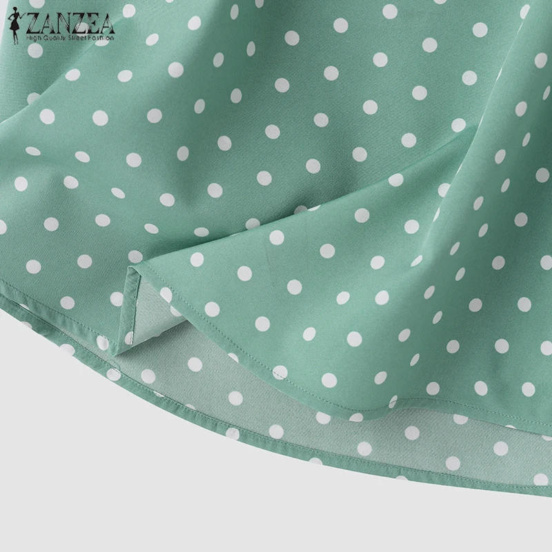ZANZEA Damenmode Polka Dot Blusen O-Ausschnitt Gebundene Schlitzmanschetten Halbarm Elegante Tops Sommer Casual Alltagskleidung Blusas Mujer – Detail 17