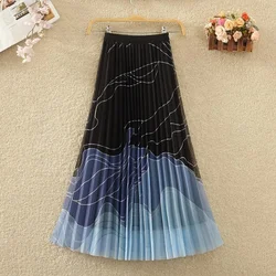 Sumemr New Fashion Elastic Waist A-line Skirt Women High Street Loose Elegant Pleated Printing Lace Patchwork Female Clothing