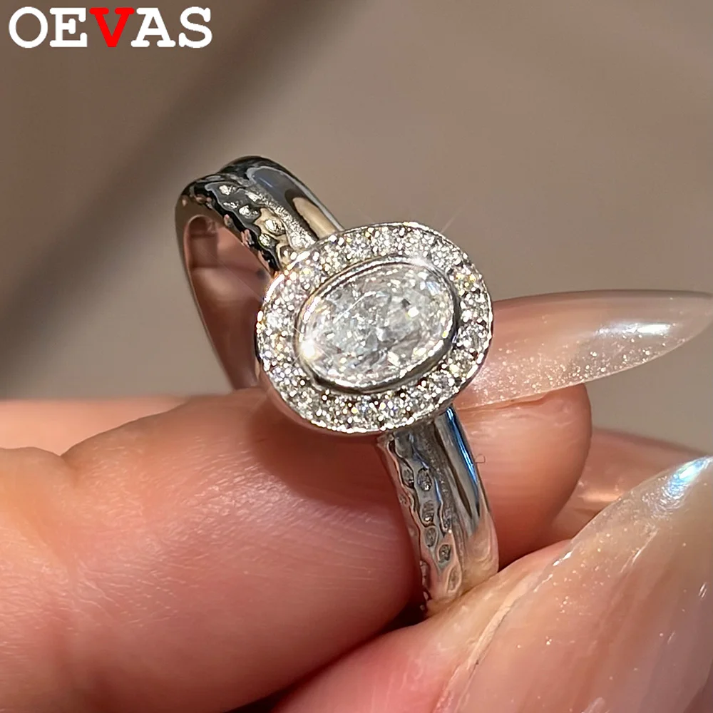 

OEVAS Oval Cut Full Moissanite Rings For Women S925 Sterling Silver Bezel Lab Diamond Halo Wedding Band Fine Jewelry Gifts