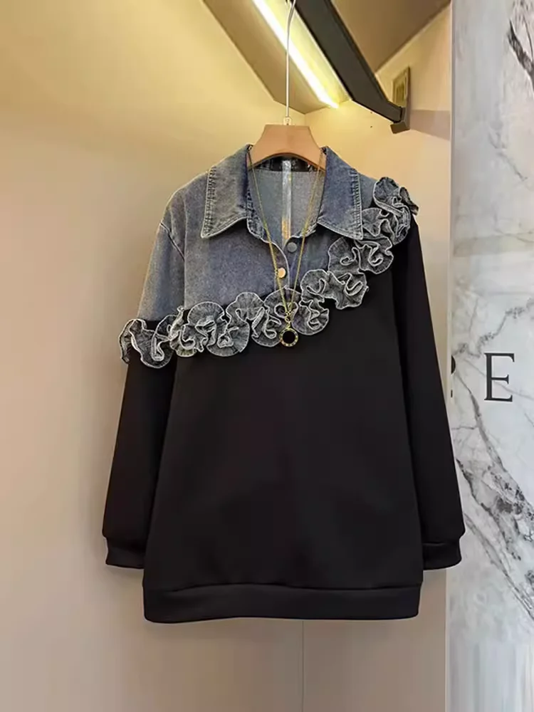 Sweat-shirt à manches longues en denim pour fille grande taille 2026, col rabattu, style industriel lourd, mode coréenne, ample, décontracté, personnalité, haut