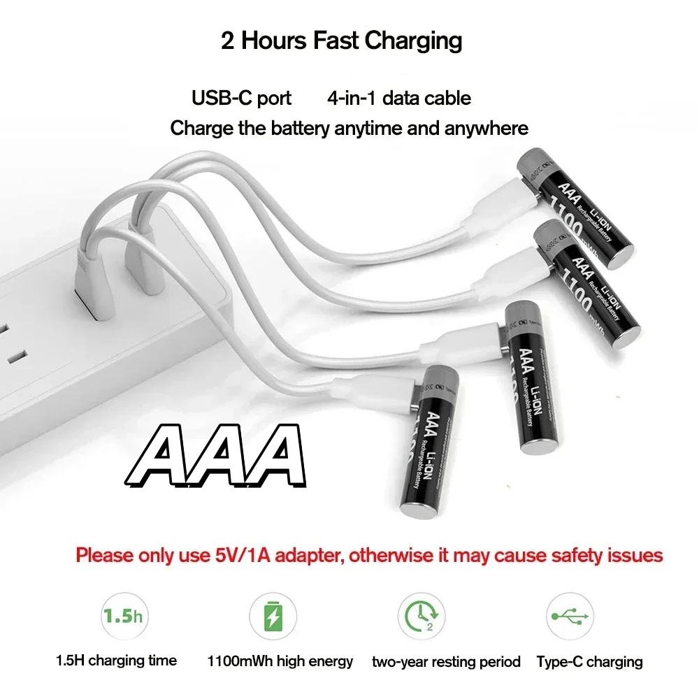

High Capacity USB Rechargeable AAA Batteries 1.5V 1100mAh Lithium ion Battery with Cable for Toys Camera Flashlight Remote