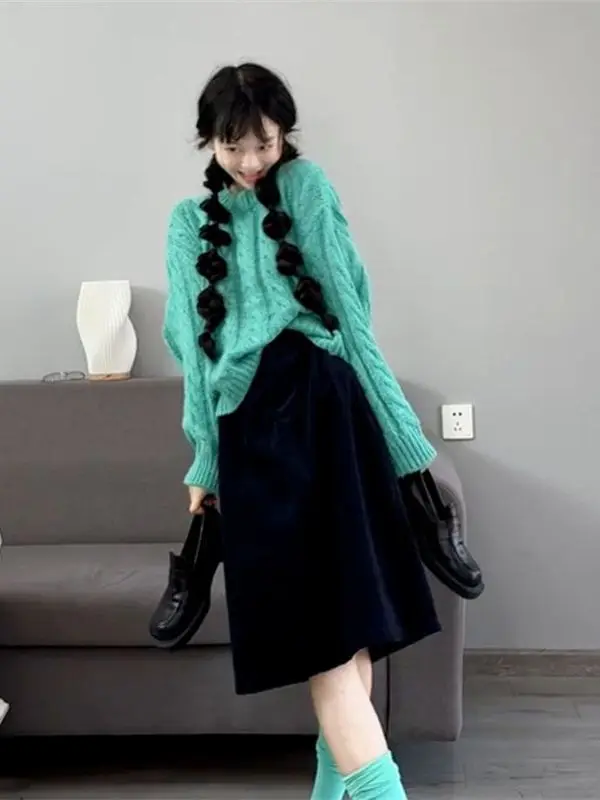 En محبوك سترة المرأة فضفاضة تناسب طويلة Sve جولة Ne البلوز Dopne Faion الكورية Sle الخريف الشتاء الملابس