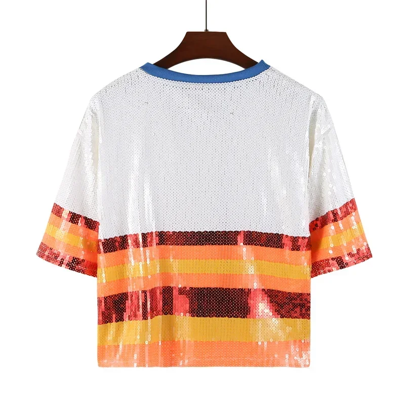 

2026 Spring Summer Contrast Color Patchwork Geometry Letter Streetwear Short T-Shirt Sequins Hip Hop Night Club Women's Tops