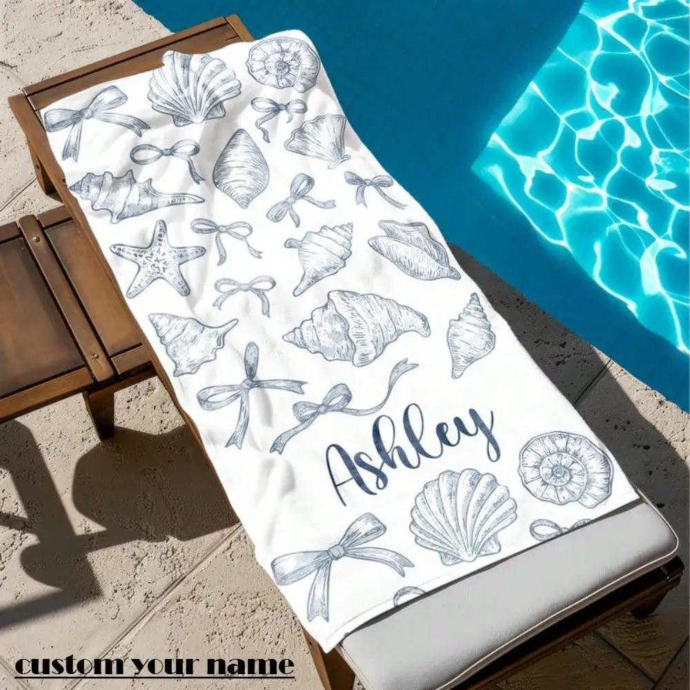 

Custom Seashell Print Beach Towel with Personalized Name, 100% Cotton