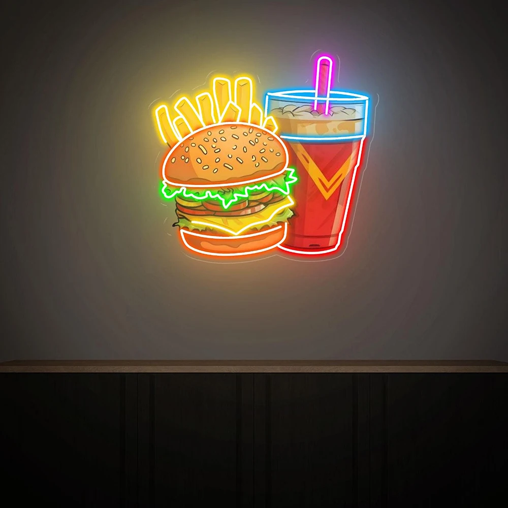 Burgers and Drinks Neon Sign Hamburger Neon Light Burgers Decoration Acrylic Sign Handmade Neon Hamburger Food Shop Wall Decor