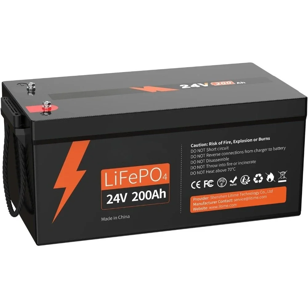 

24V 200Ah Lithium Battery, 5120Wh LiFePO4 Battery with Built-in 200A BMS, 4000-15000 Cycles & 10 Years Max. 5120W Load Power