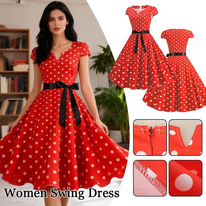 

Women Vintage 1950s 60s Polka Dot Big Swing Dress Aesthetic Bowknot Sash Belt Gown Pinup Rockabilly Party Sundress Elegant Robe