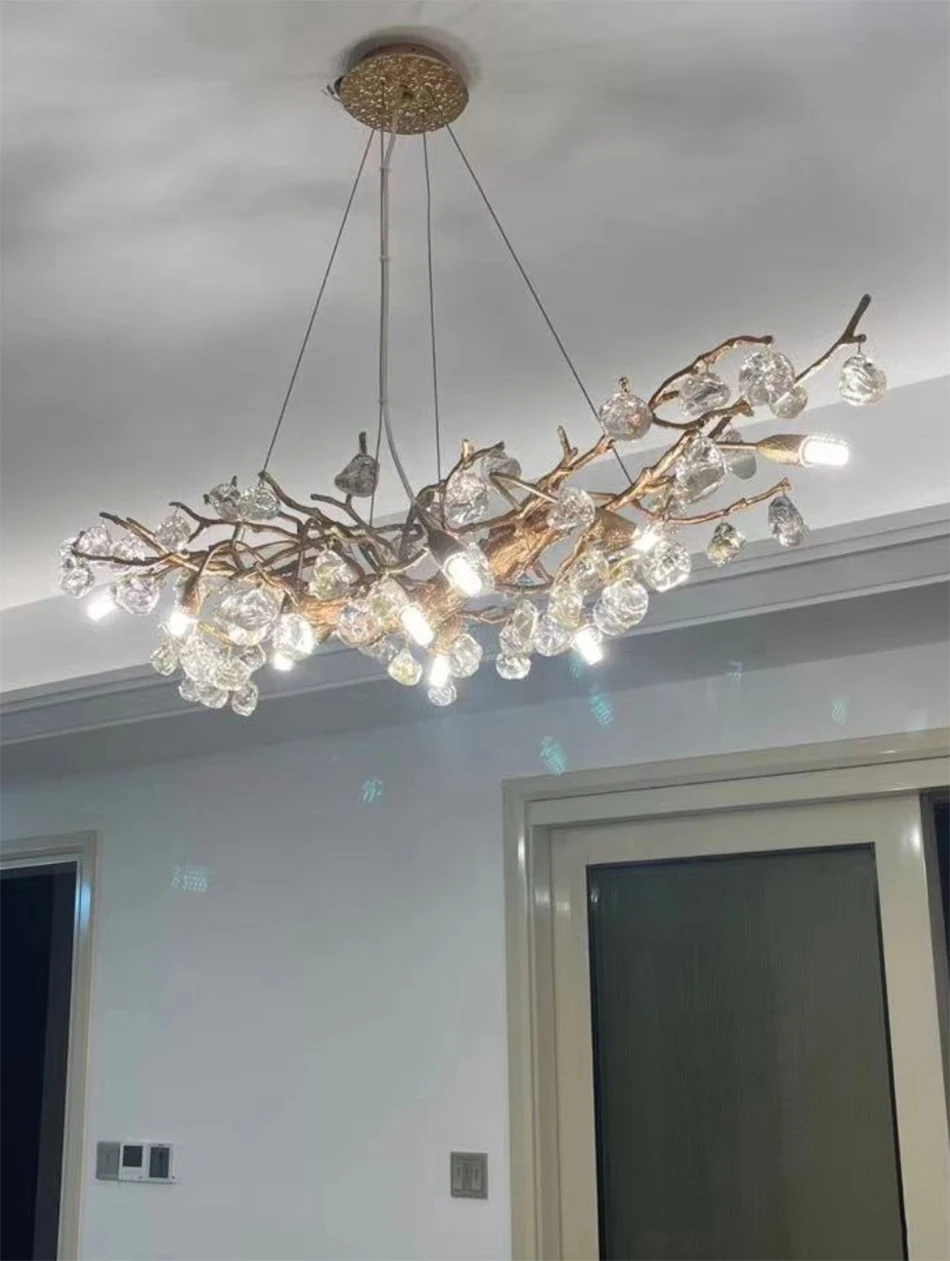 Copper LED Chandelier for Living Room, Crystal Stone Plafondlamp, Living Decoration, Dining Room Suspension LuminairVilla Lights