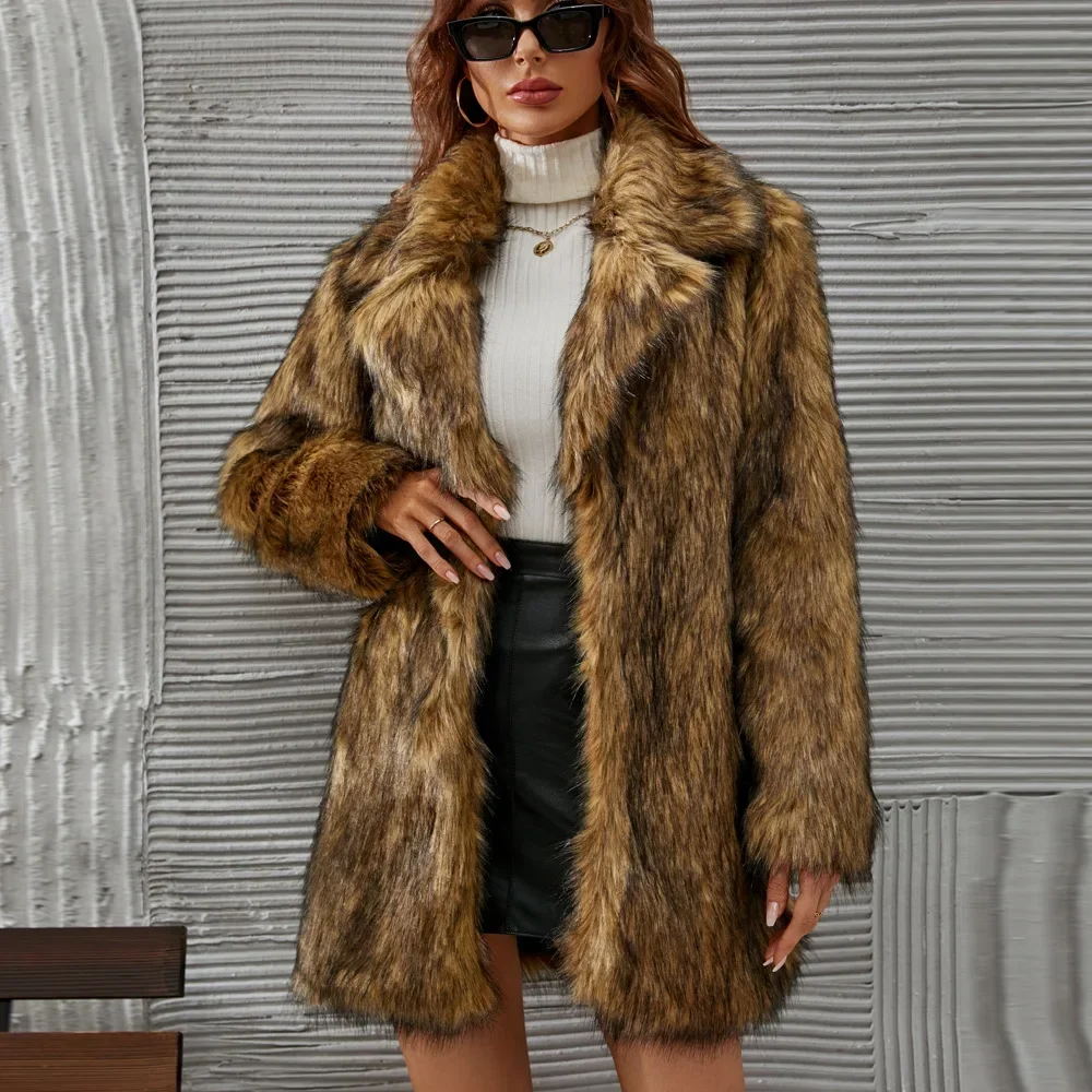Faux Fur Coat Women Warm Loose Autumn Winter Brown Long Coats Turn Down Collar Sleeve High Waist Maxi Elegant 2024 Jacket