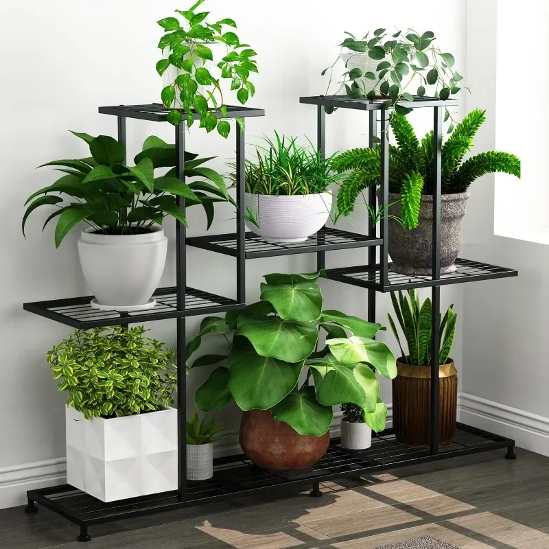 Suporte de planta de metal, suporte de planta multifuncional de 5 camadas para plantas de interior, prateleira decorativa de planta de aço preto para Pati interno