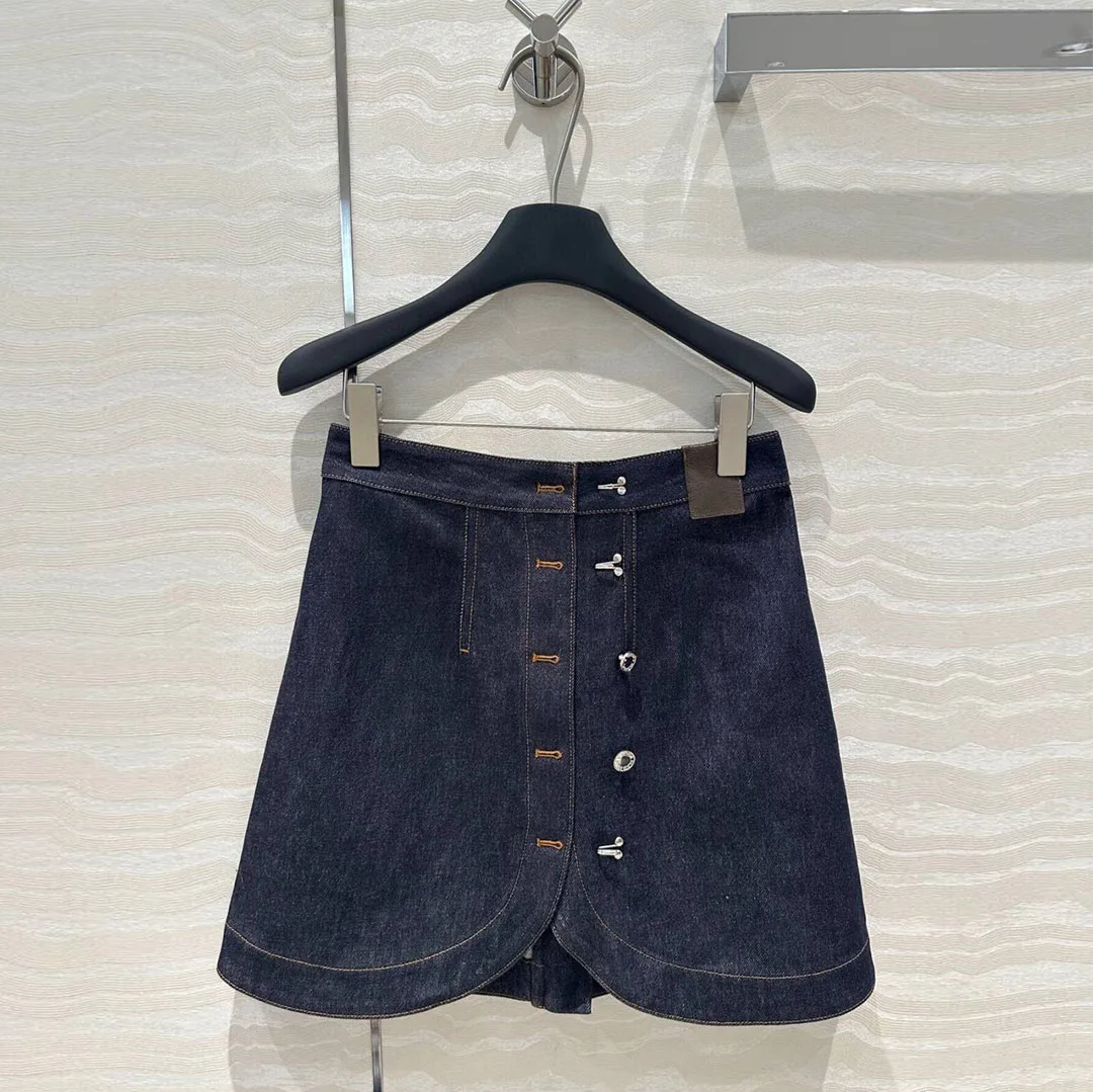 2024 New Autumn Fashion Vintage Navy Denim Mini Skirts Womens High Waist Single Breasted Split Novelty Streetwear Skirt