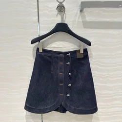 2024 New Autumn Fashion Vintage Navy Denim Mini Skirts Womens High Waist Single Breasted Split Novelty Streetwear Skirt