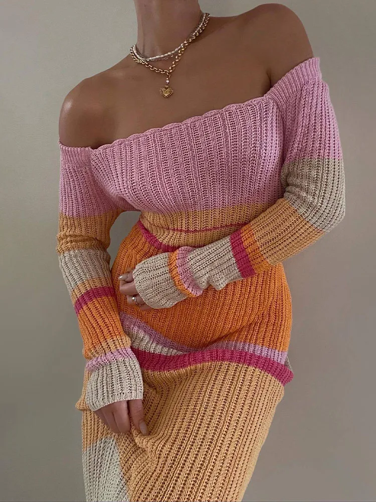 

Contrast Color Striped Dress Women Sexy Off Shoulder Backless Knitted Dress Female Summer Casual Long Sleeve Slim Y2K Maxi Dress