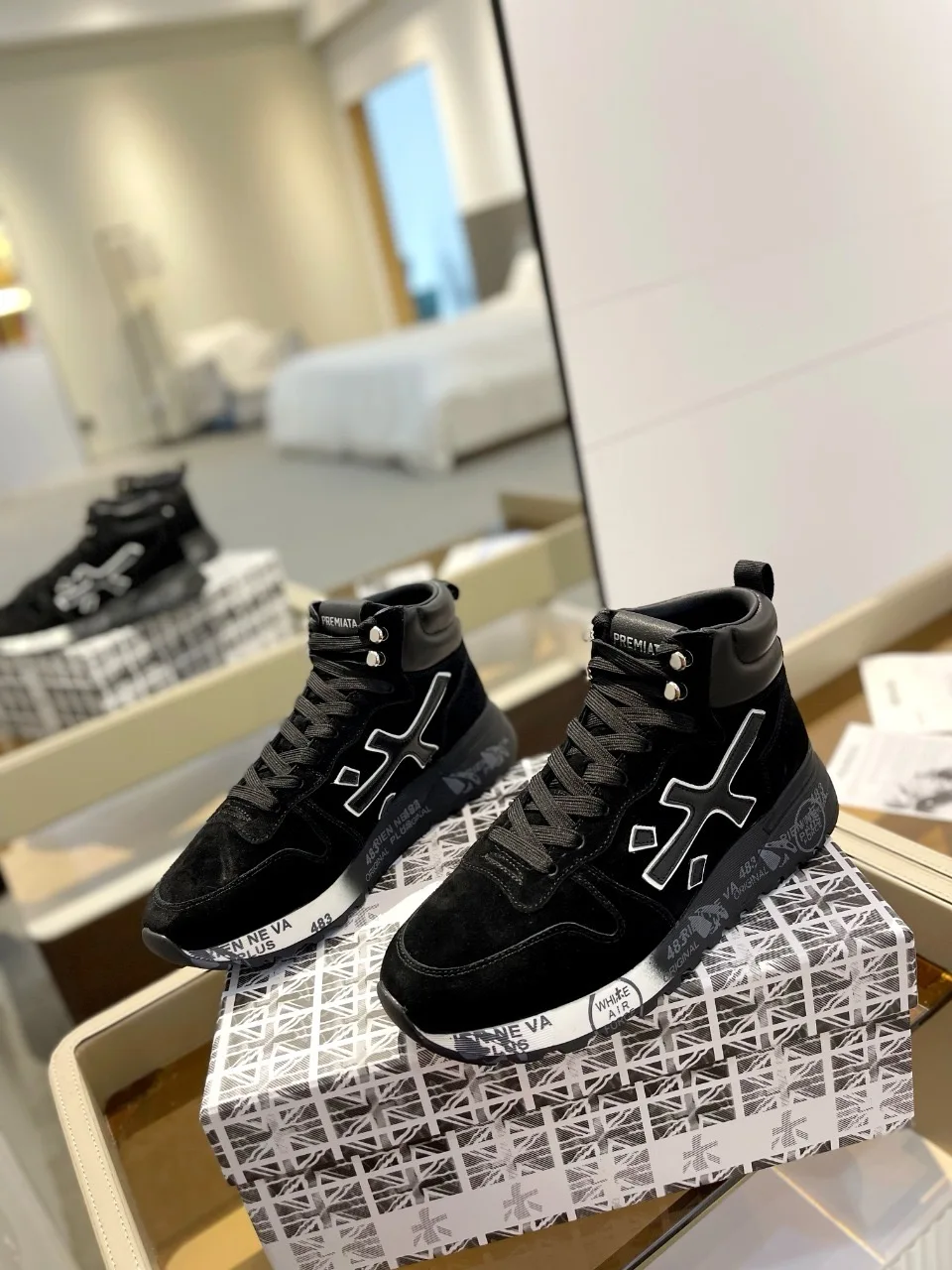 New PREMIATA men's high-top casual sports shoes, ladies' high-top brand retro niche wild black shoes student couple shoes.