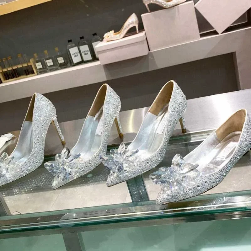 2024 New Cinderella Crystal Slippers Rhinestone Wedding Bridal Shoes Champagne Silver Pointed Toe Flats Banquet Bridesmaid Shoes