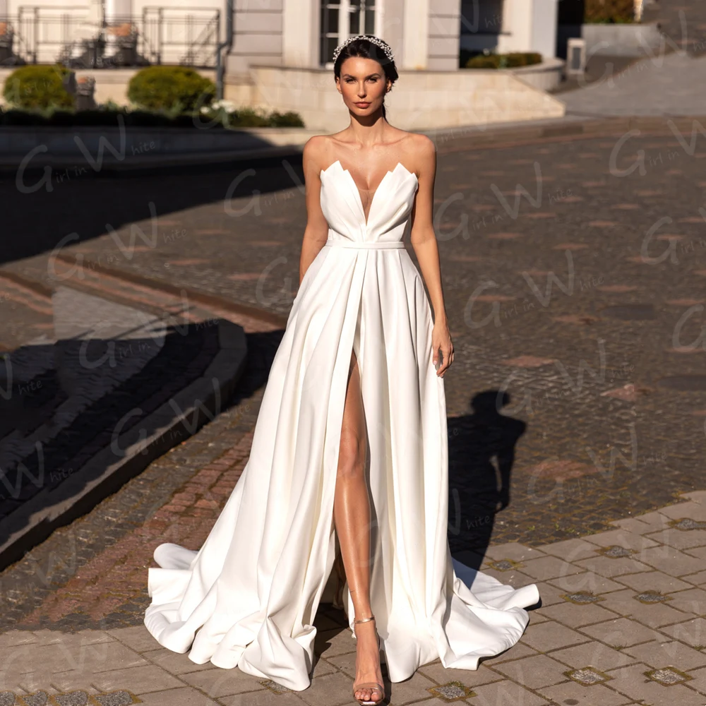 Simple Modern Satin Wedding Dress Sweetheart Sexy Slit Bridal Gown A-line Chic Women Bride Dresses Sleeveless Vestido De Noiva