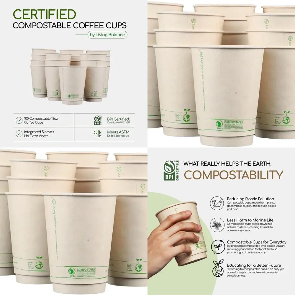 

100 Pack 12 oz Compostable Cups with Sleeves - Leak-Proof, BPA-Free, CPLA Plant-Based for Hot & Cold Beverages