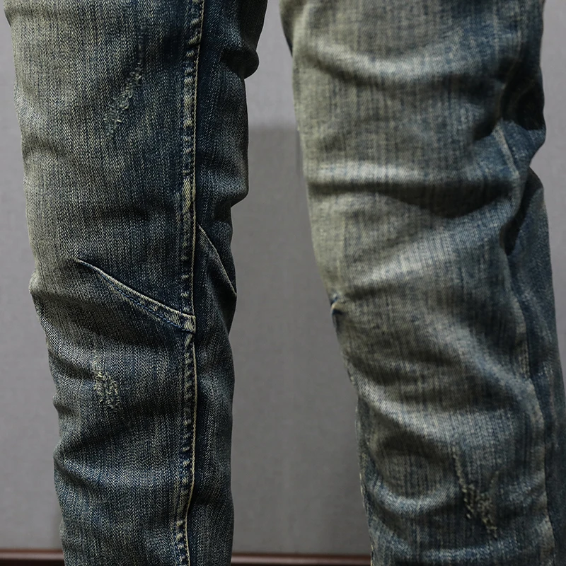 Fashion Designer Men Jeans Retro Washed Blue High Quality Stretch Slim Fit Ripped Jeans Men Trousers Vintage Denim Pants Hombre